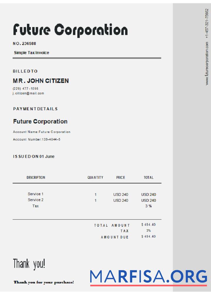 Blank USA Future Corporation invoice real example